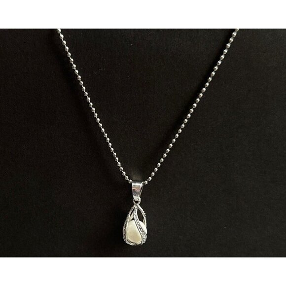Faux Pearl Pendant Silvertone & Glass Druzy Taerdrop Charm with accents Necklace - Picture 2 of 5